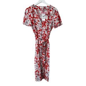 Mango Red Floral Wrap Midi Dress Short Sleeve Tie Waist Size Medium